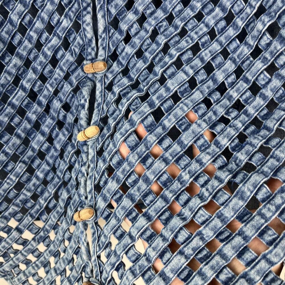 Vintage Woven Lattice Denim Vest Wood Toggle Button Boho Cowgirl Cottagecore M - Picture 2 of 13